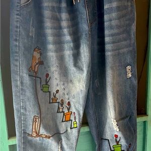Mr Radish Japanese Style Elastic Waist Garden Embroidered Denim jeans